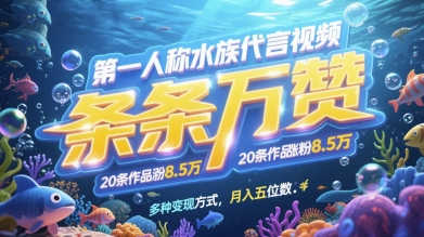 第一人称水族代言视频，条条万赞，20条作品涨粉7.8W，多种变现方式月入五位数-空域资源网
