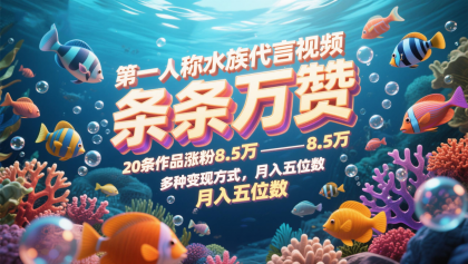第一人称水族代言视频，条条万赞，20条作品涨粉8.5万，多种变现方式月，入五位数-空域资源网