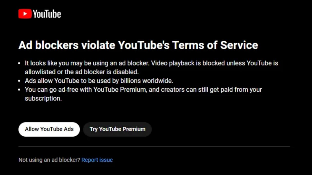 YouTube 警告用户屏蔽广告是违规行为