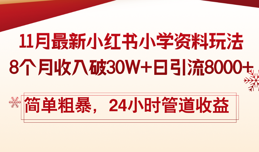 11月份最新小红书小学资料玩法，8个月收入破30W+日引流8000+简单粗暴，24小时管道收益-空域资源网